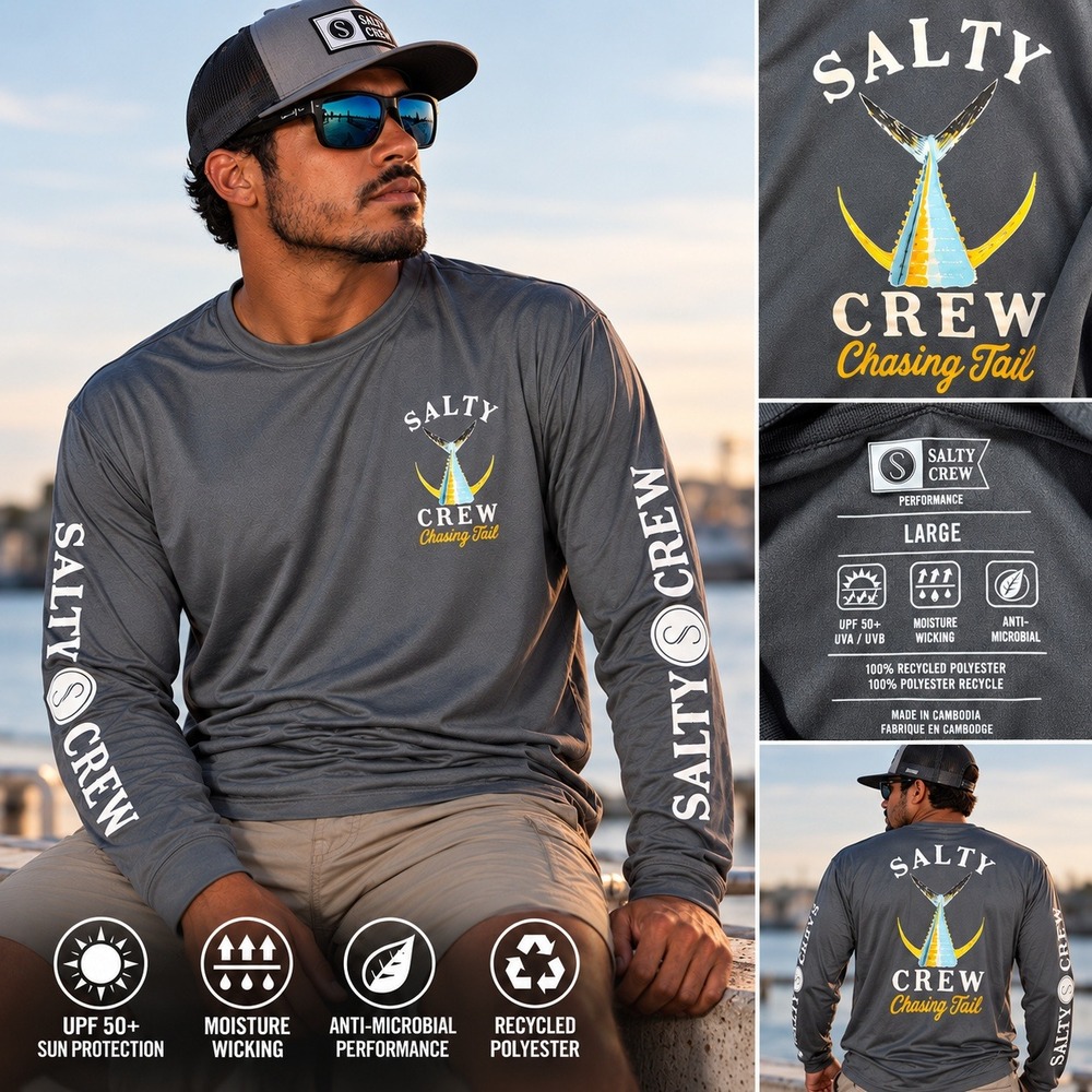 Salty Crew Performance UPF 50+ Fit Mens Long Sleeve Shirt Black Gray Size L NWT